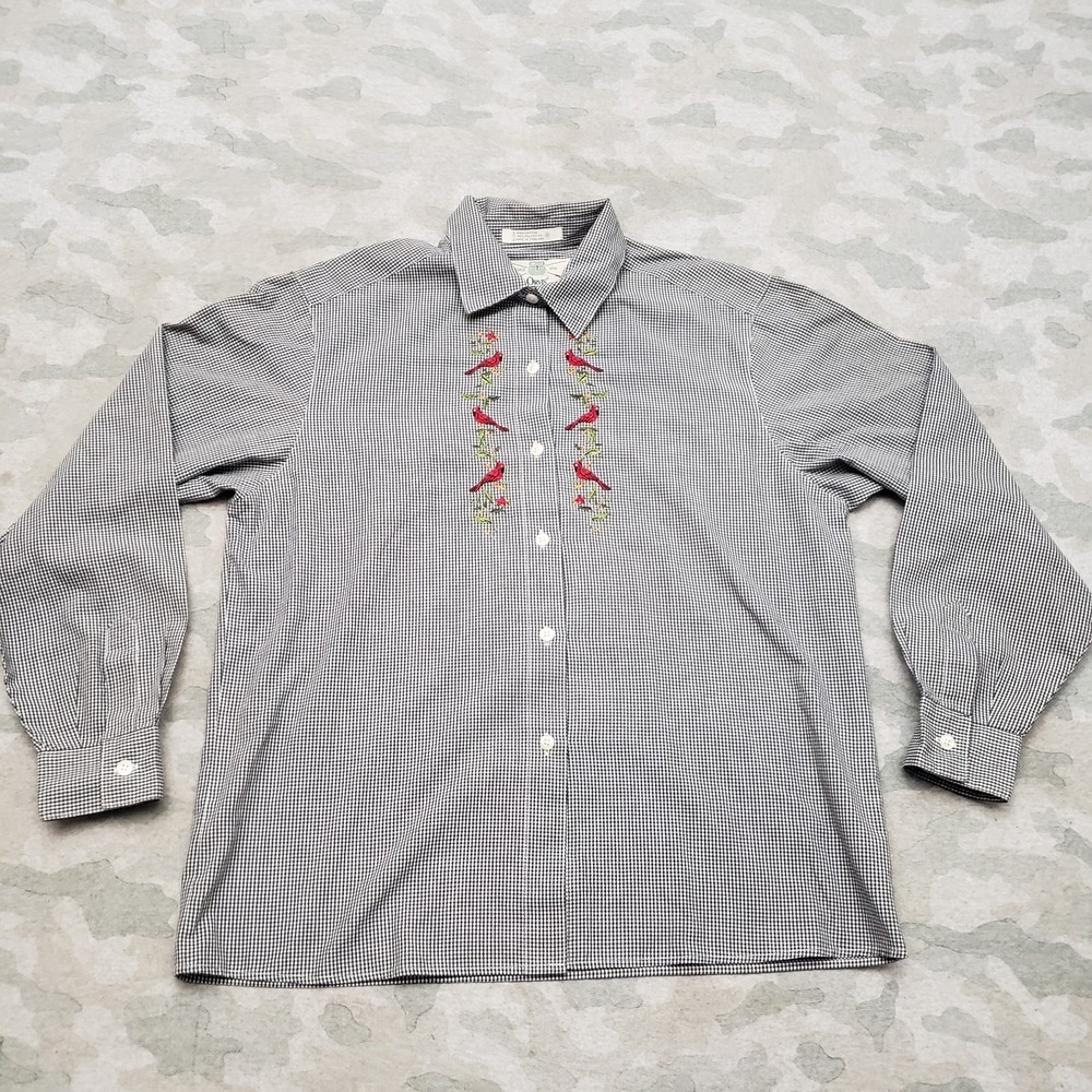 Vintage Orvis Top Women 8 Black Embroidered Bird Long Sleeve Button-Up 90s Check